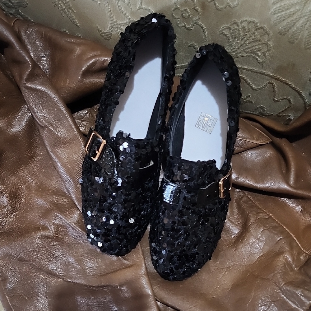 Black Sequin Loafers with Gold Buckle
